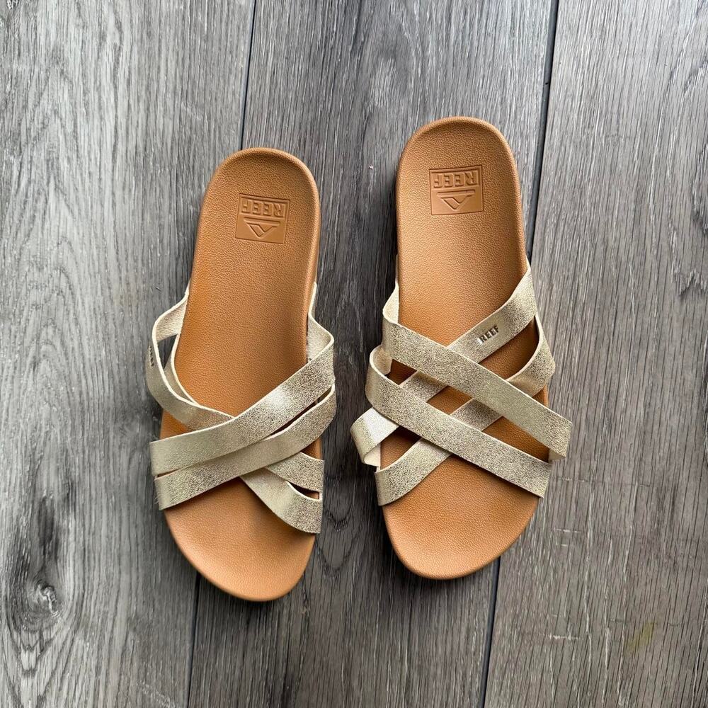 Reef Cushion Spring Bloom Women’s Gold Strappy Slide Sandals Size 9